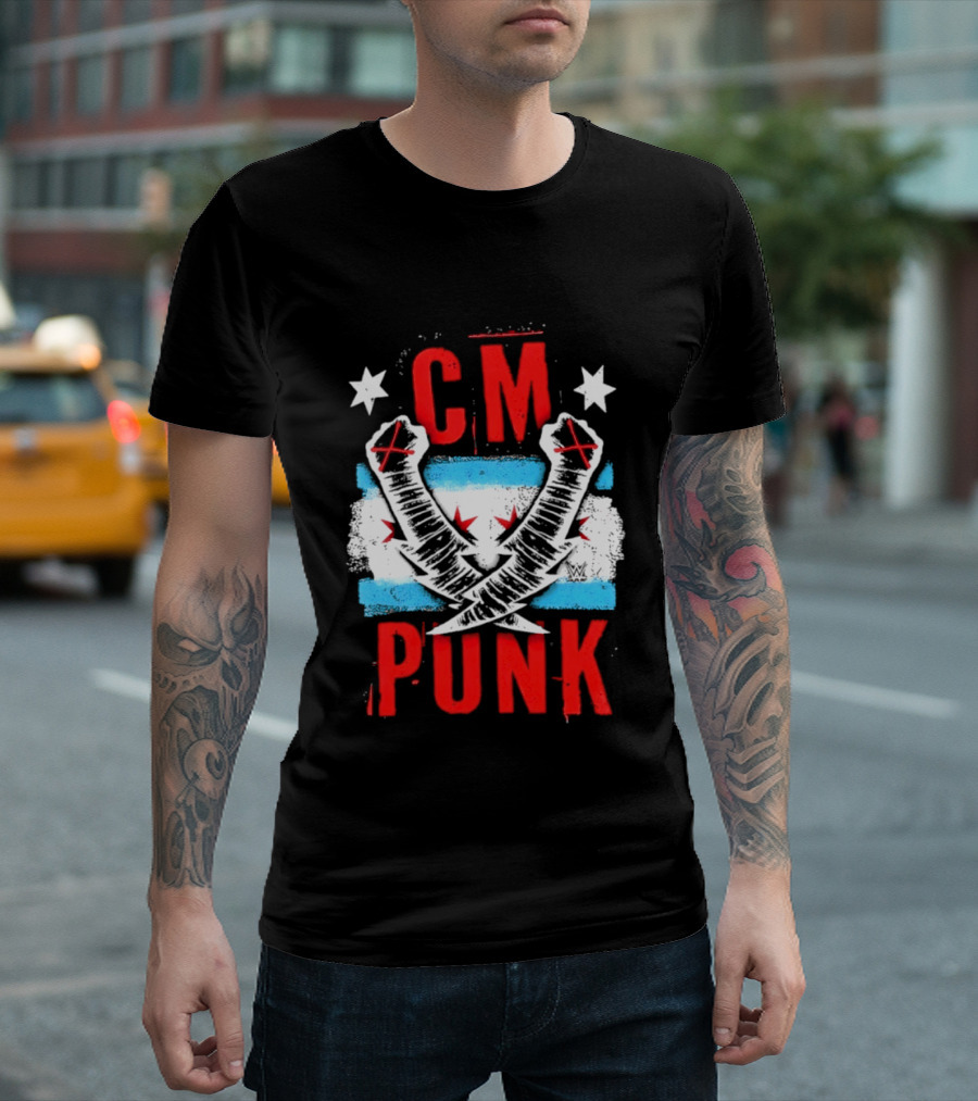 CM Punk Chicago Flag Lightning Bolt Fist WWE Stars T-Shirt