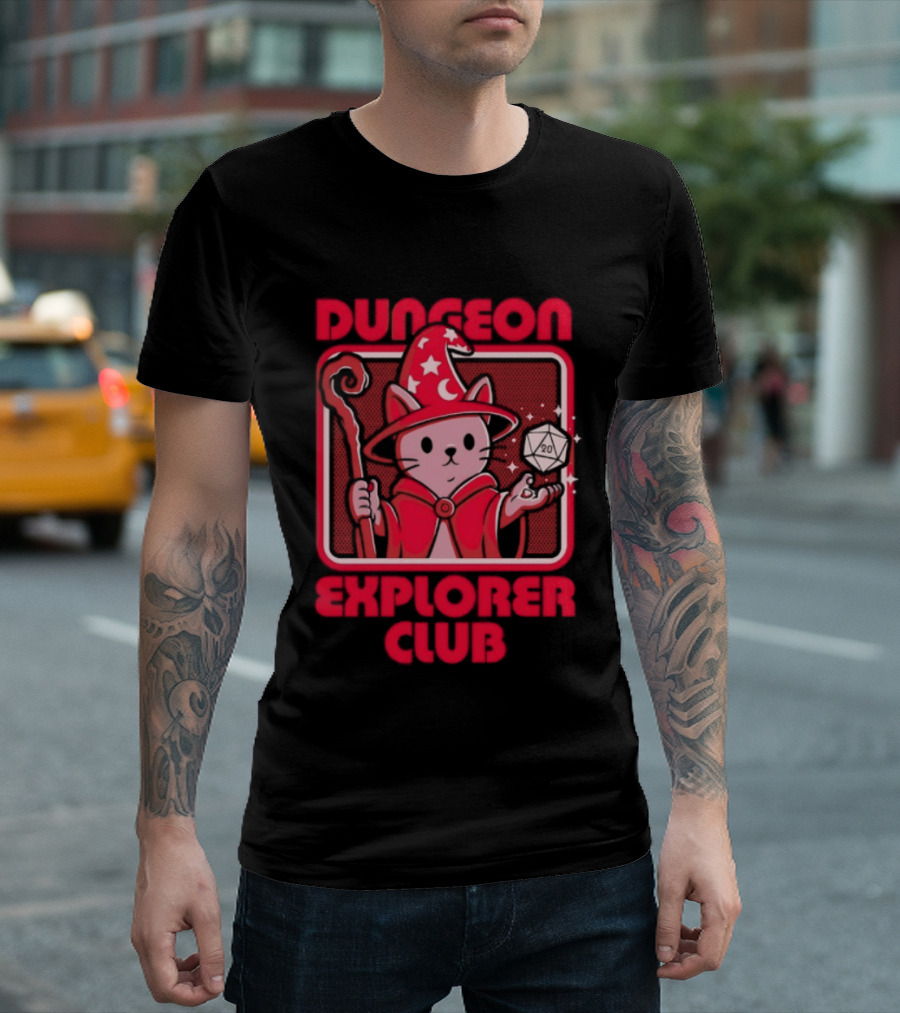 Dungeon Explorer Club Wizard Cat With D20 Dice Magic Wand T-Shirt