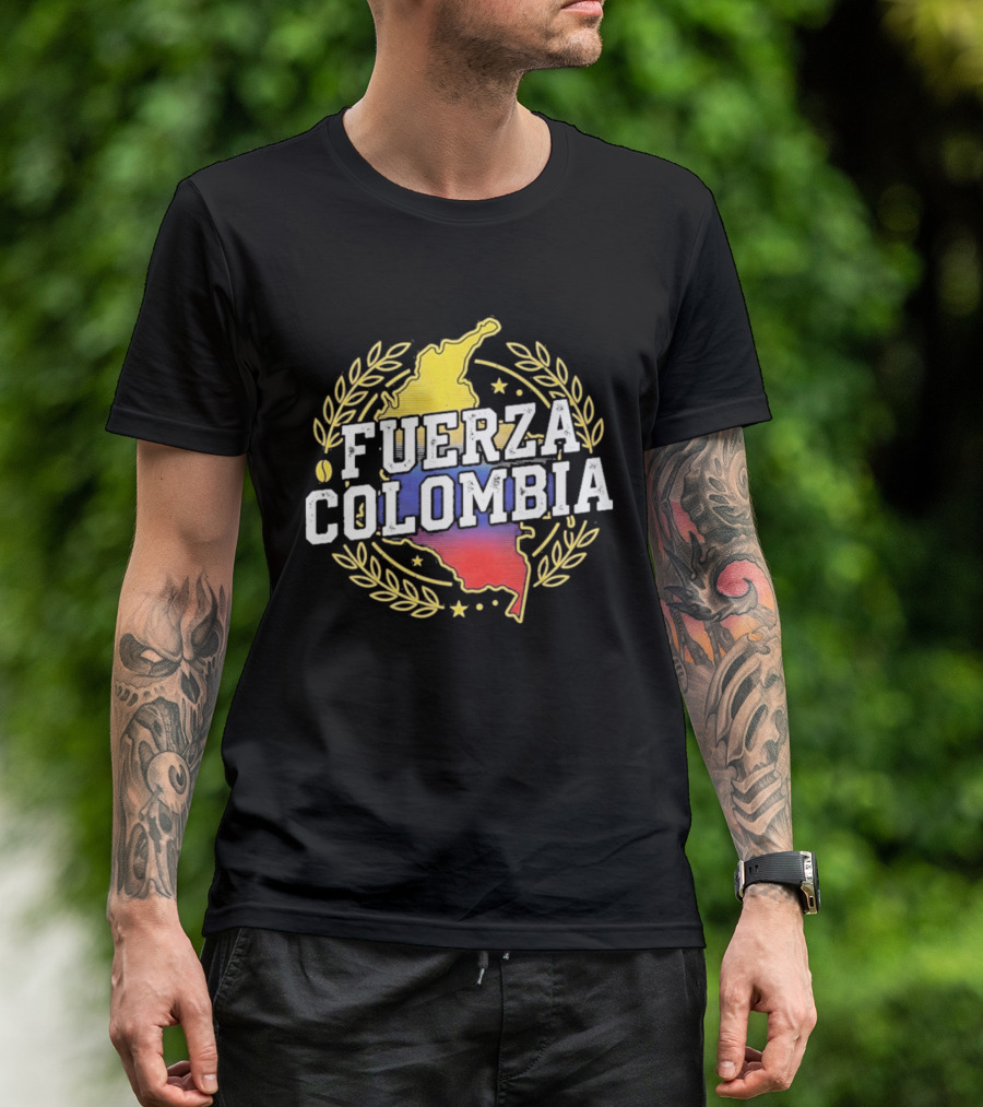 Fuerza Colombia Map Yellow Blue Red Laurel And Stars T-Shirt