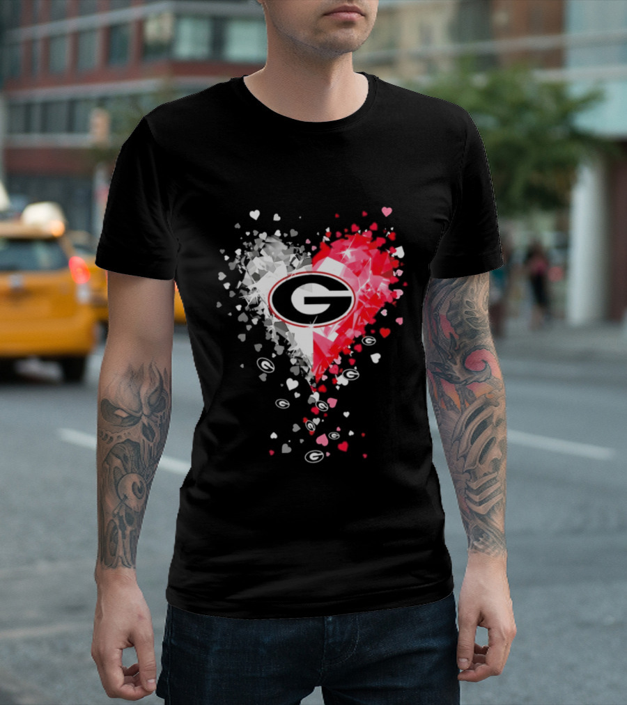 Georgia Bulldogs Heart Shaped Red And White Gemstone T-Shirt