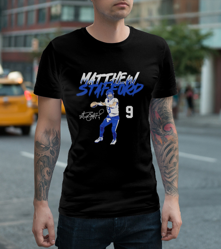 Matthew Stafford 9 Autograph Los Angeles Rams Quarterback Action Pose T-Shirt