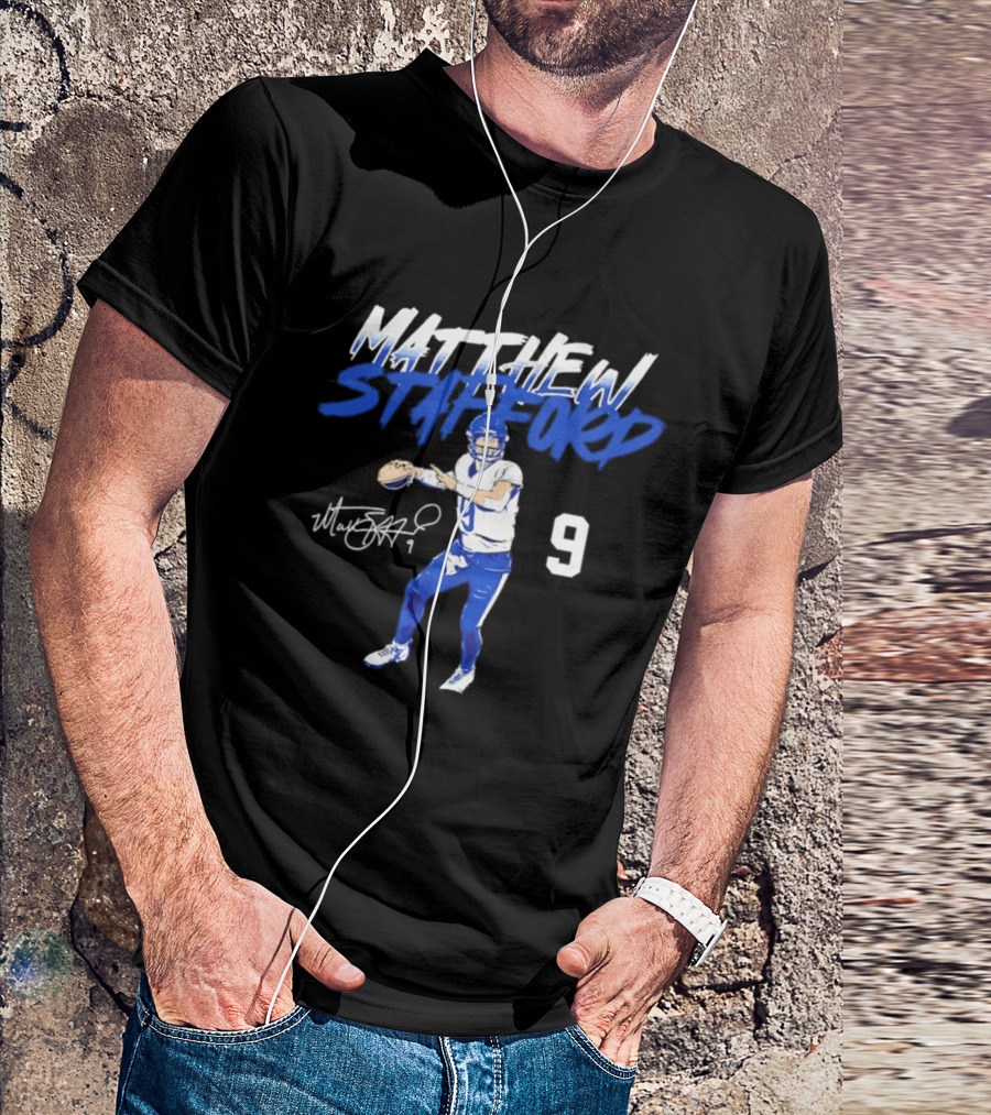 Matthew Stafford 9 Autograph Los Angeles Rams Quarterback Action Pose T-Shirt