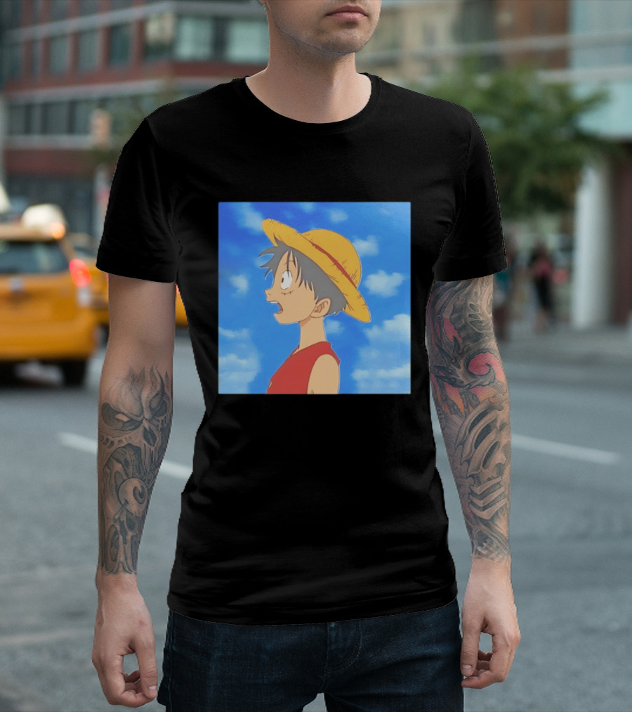Monkey D Luffy Sky Gazing Red Vest Yellow Straw Hat Anime Scene Clouds Blue Sky T-Shirt
