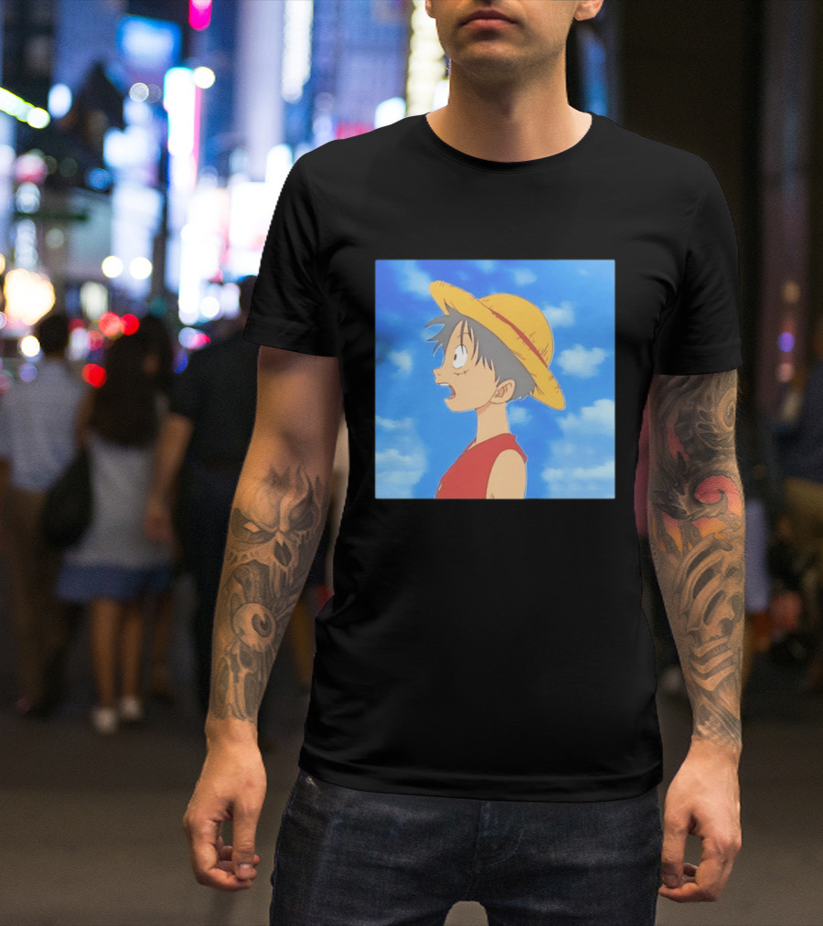 Monkey D Luffy Sky Gazing Red Vest Yellow Straw Hat Anime Scene Clouds Blue Sky T-Shirt