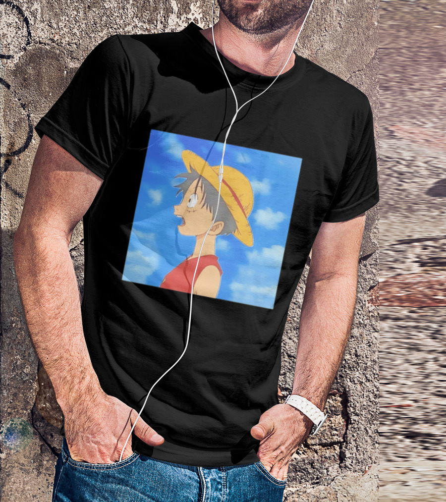 Monkey D Luffy Sky Gazing Red Vest Yellow Straw Hat Anime Scene Clouds Blue Sky T-Shirt