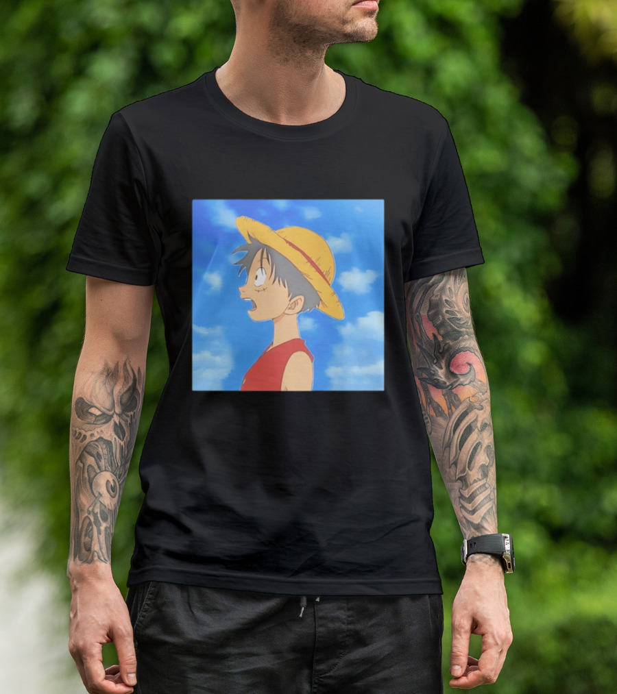 Monkey D Luffy Sky Gazing Red Vest Yellow Straw Hat Anime Scene Clouds Blue Sky T-Shirt