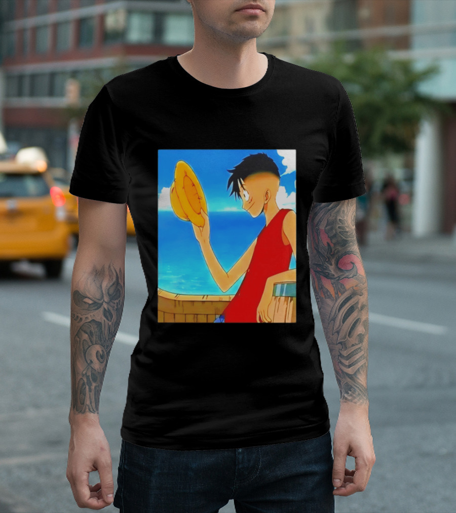 One Piece Luffy Taper Fade Anime Manga Straw Hat Ocean Scene T-Shirt