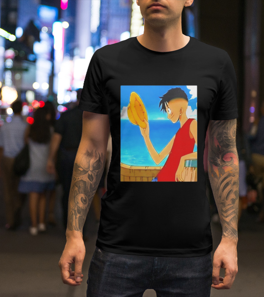 One Piece Luffy Taper Fade Anime Manga Straw Hat Ocean Scene T-Shirt