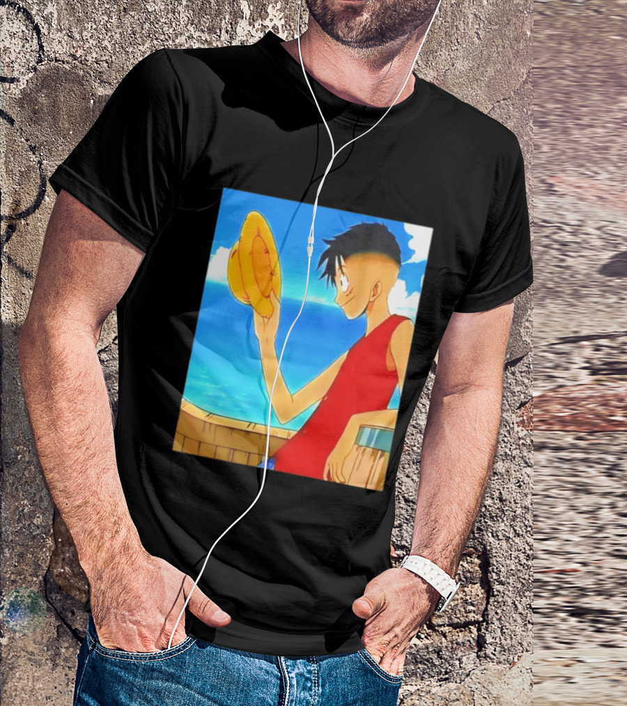 One Piece Luffy Taper Fade Anime Manga Straw Hat Ocean Scene T-Shirt
