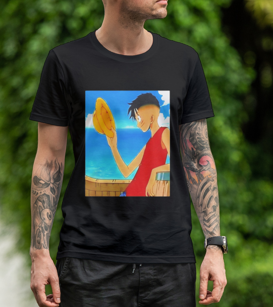 One Piece Luffy Taper Fade Anime Manga Straw Hat Ocean Scene T-Shirt