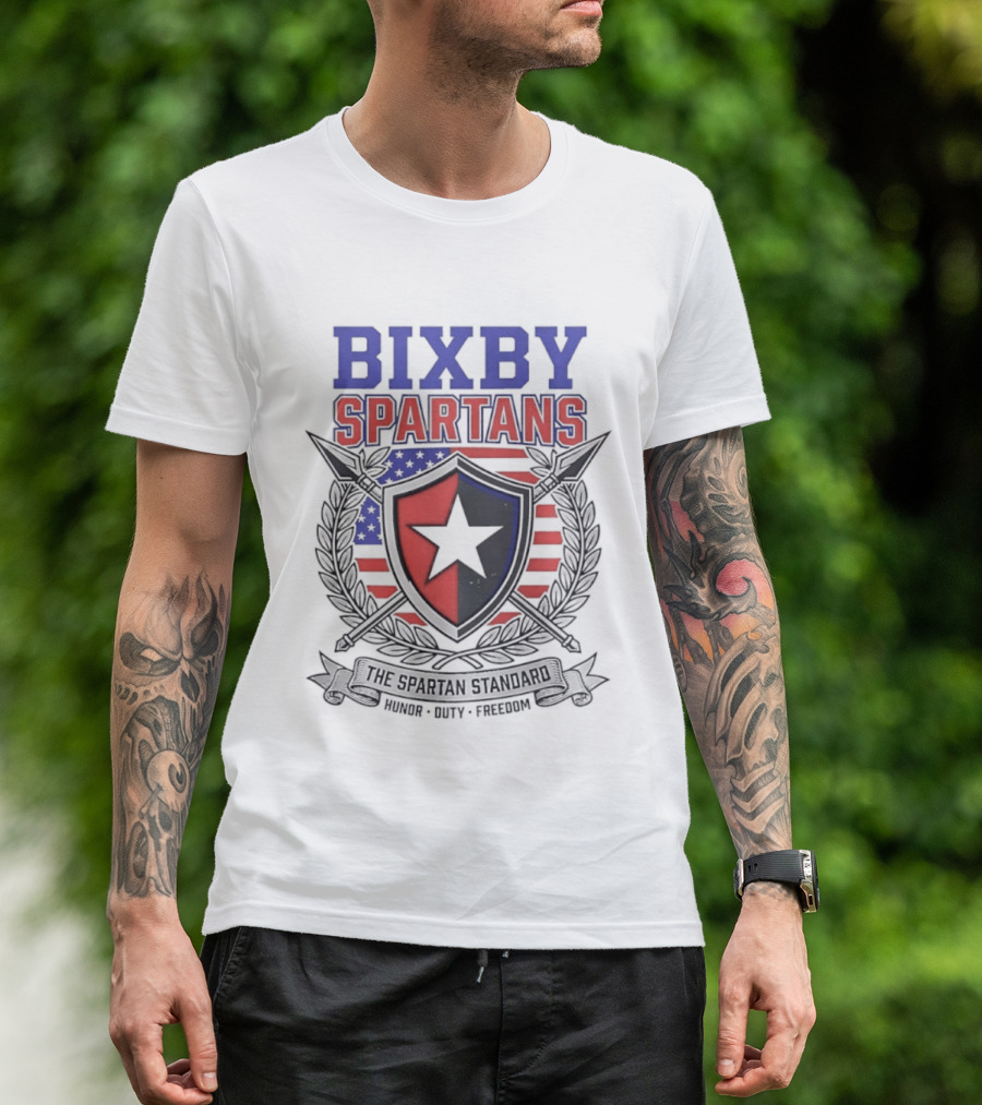 Bixby Spartans Honor Duty Freedom American Flag Shield T-Shirt