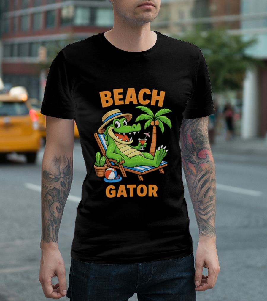Beach Gator Tropical Alligator Vacation Relaxing With Cocktail Palm Tree T-Shirt