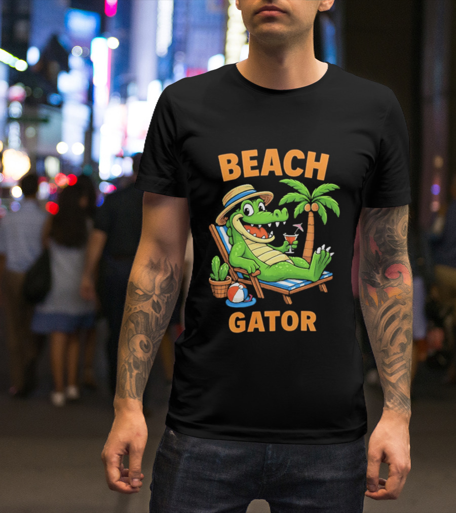 Beach Gator Tropical Alligator Vacation Relaxing With Cocktail Palm Tree T-Shirt