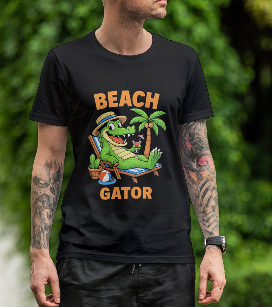 Beach Gator Tropical Alligator Vacation Relaxing With Cocktail Palm Tree T-Shirt