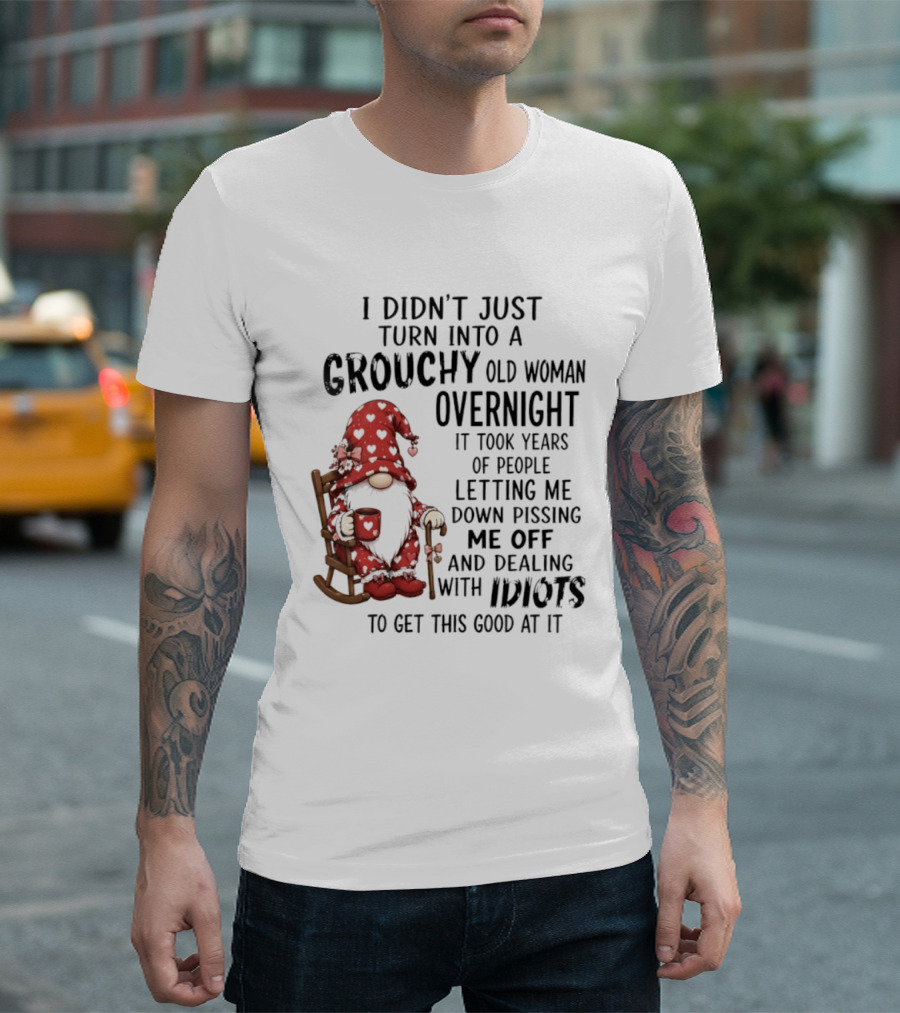 I Didn't Just Turn Into A Grouchy Old Woman Overnight Gnome Humor It Took Years Of People Letting Me Down Pissing Me Off And Dealing With Idiots T-Shirt