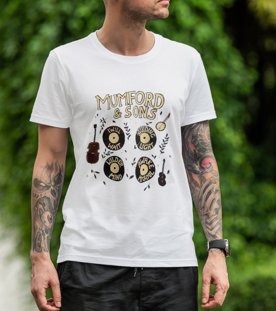 Mumford And Sons I Will Wait Guiding Light Wilder Mind Awake My Soul Vinyl Record Banjo Guitar T-Shirt
