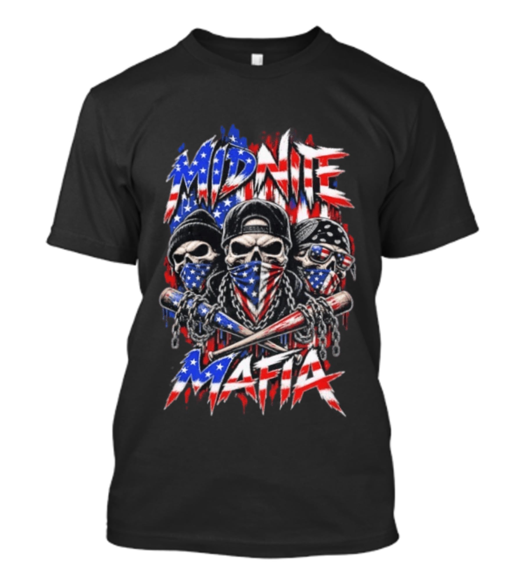 Midnite Mafia Skulls American Flag Bandanas Baseball Bats Chains T-Shirt