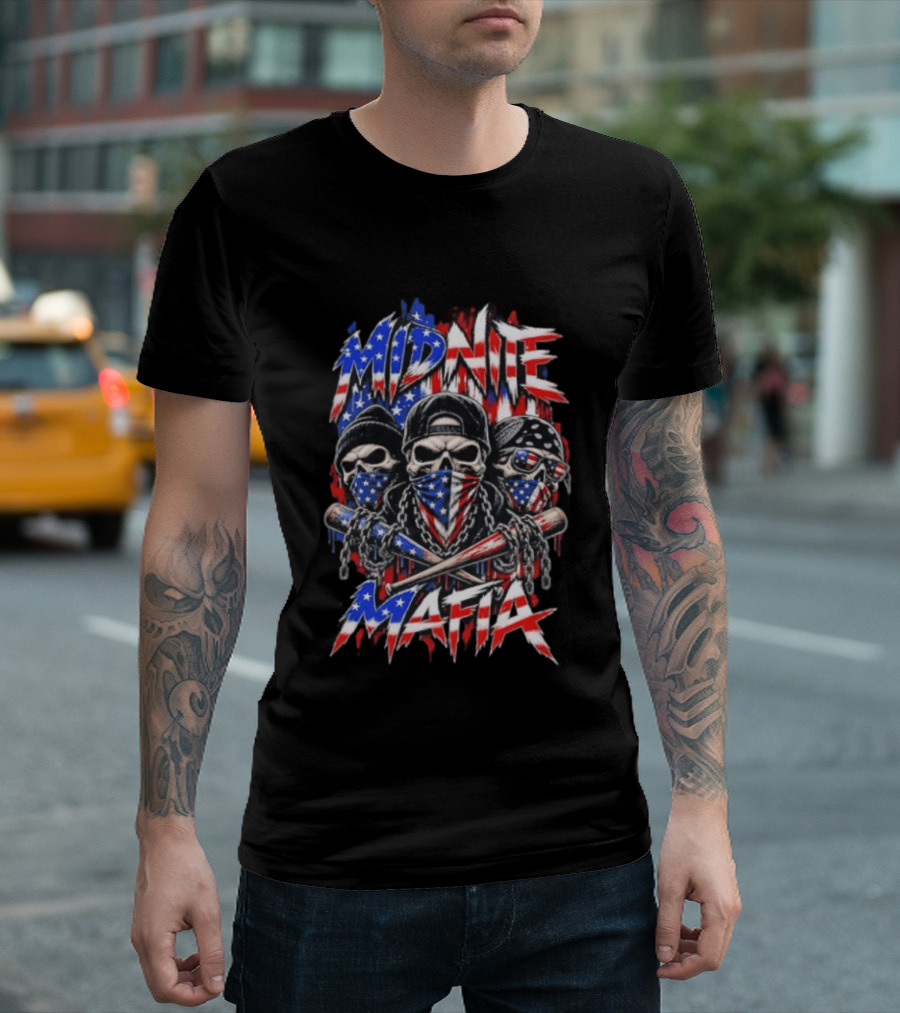 Midnite Mafia Skulls American Flag Bandanas Baseball Bats Chains T-Shirt