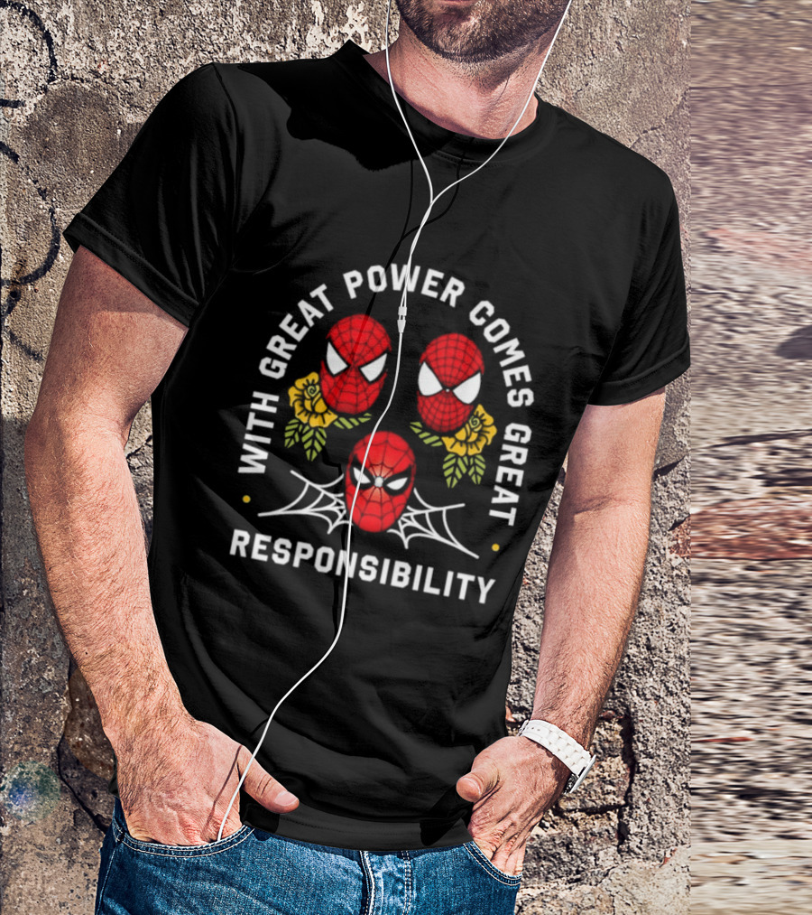 With Great Power Comes Great Responsibility Spider Man Masks Webs Flowers T-Shirt