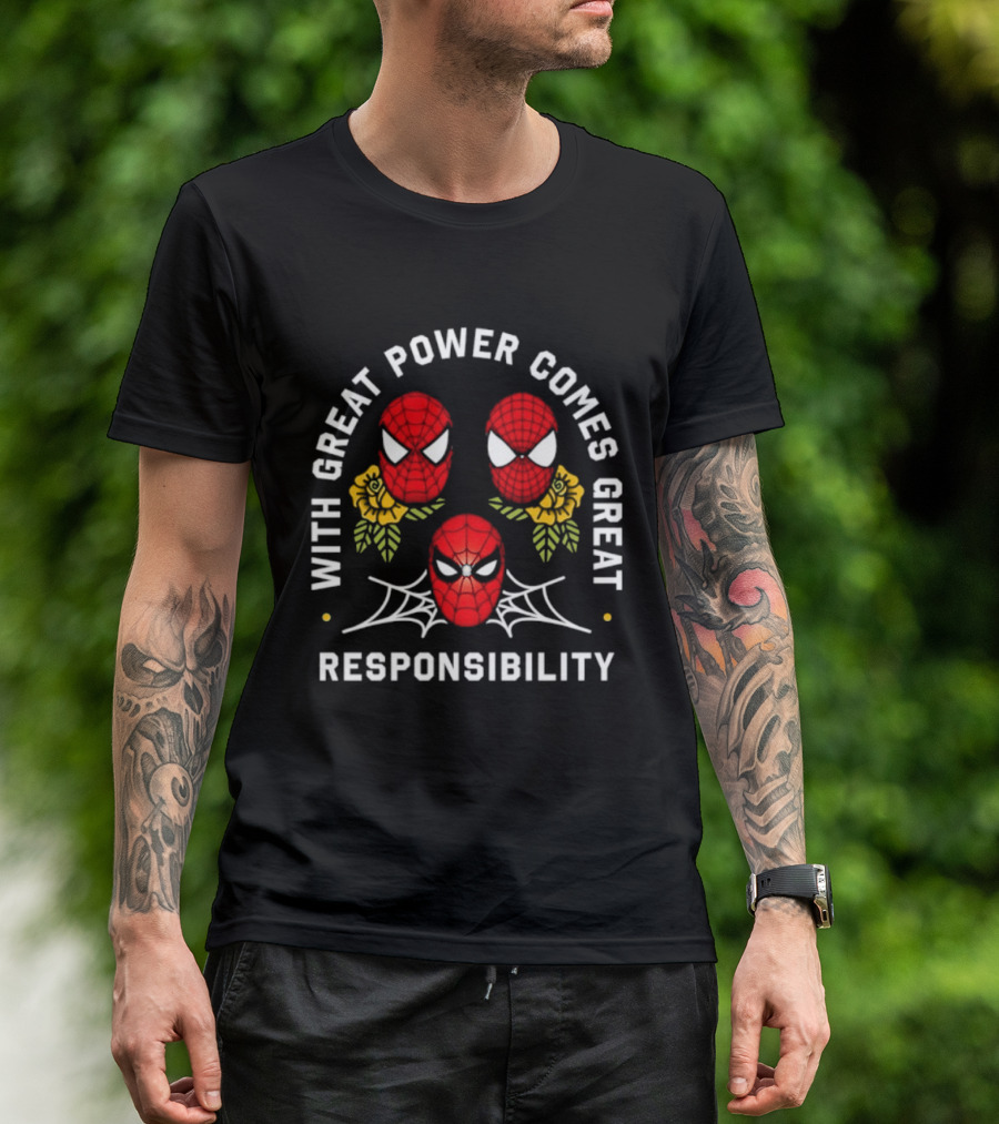 With Great Power Comes Great Responsibility Spider Man Masks Webs Flowers T-Shirt