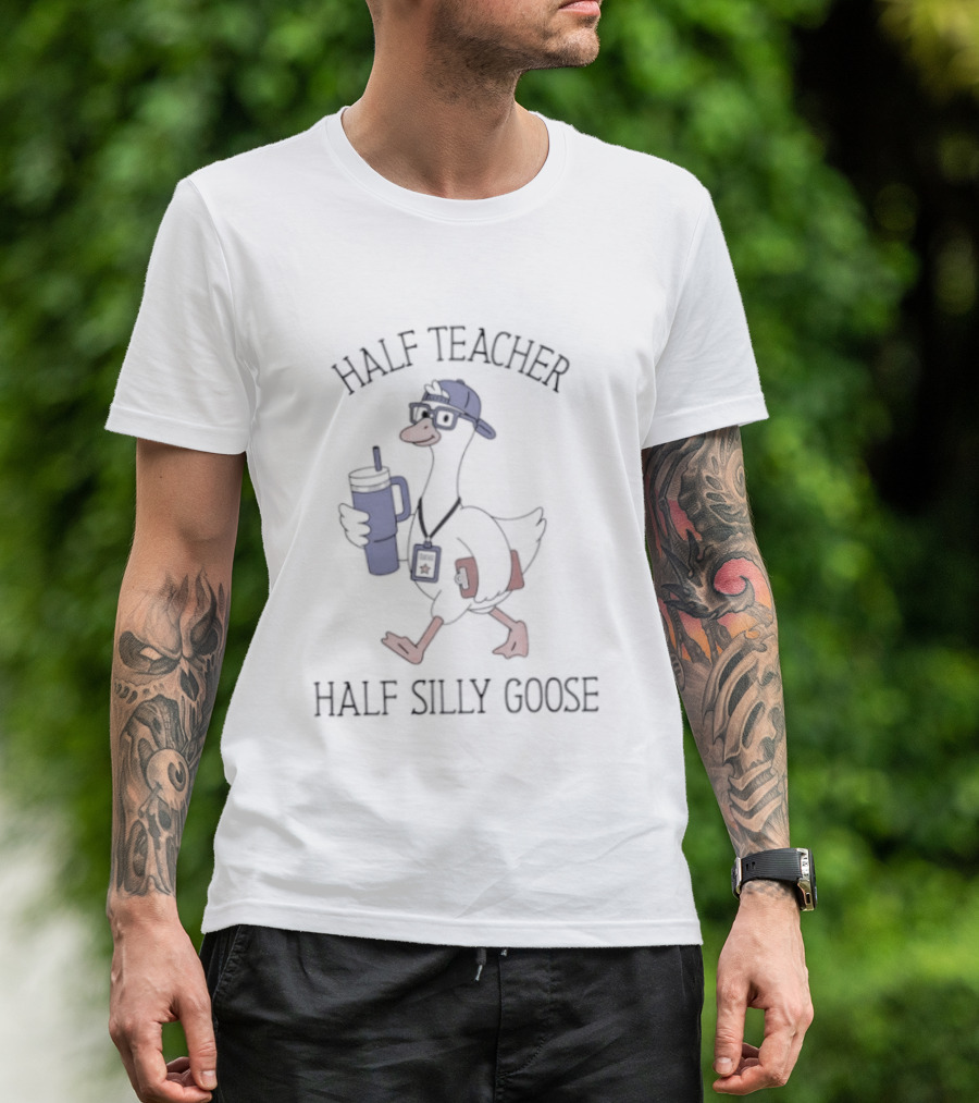 Half Teacher Half Silly Goose Funny Cartoon Duck With Coffee And School Supplies T-Shirt