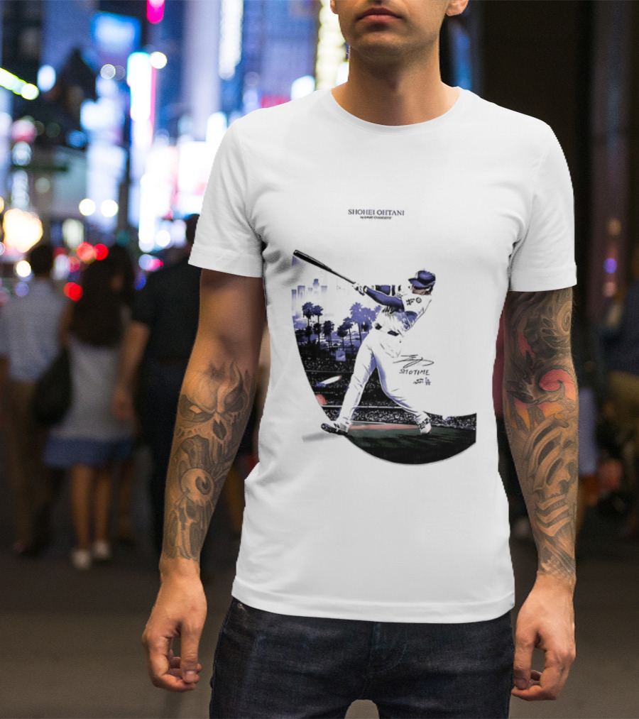 Shohei Ohtani 17 Los Angeles Angels MLB Slugger Swing Two Sided T-Shirt