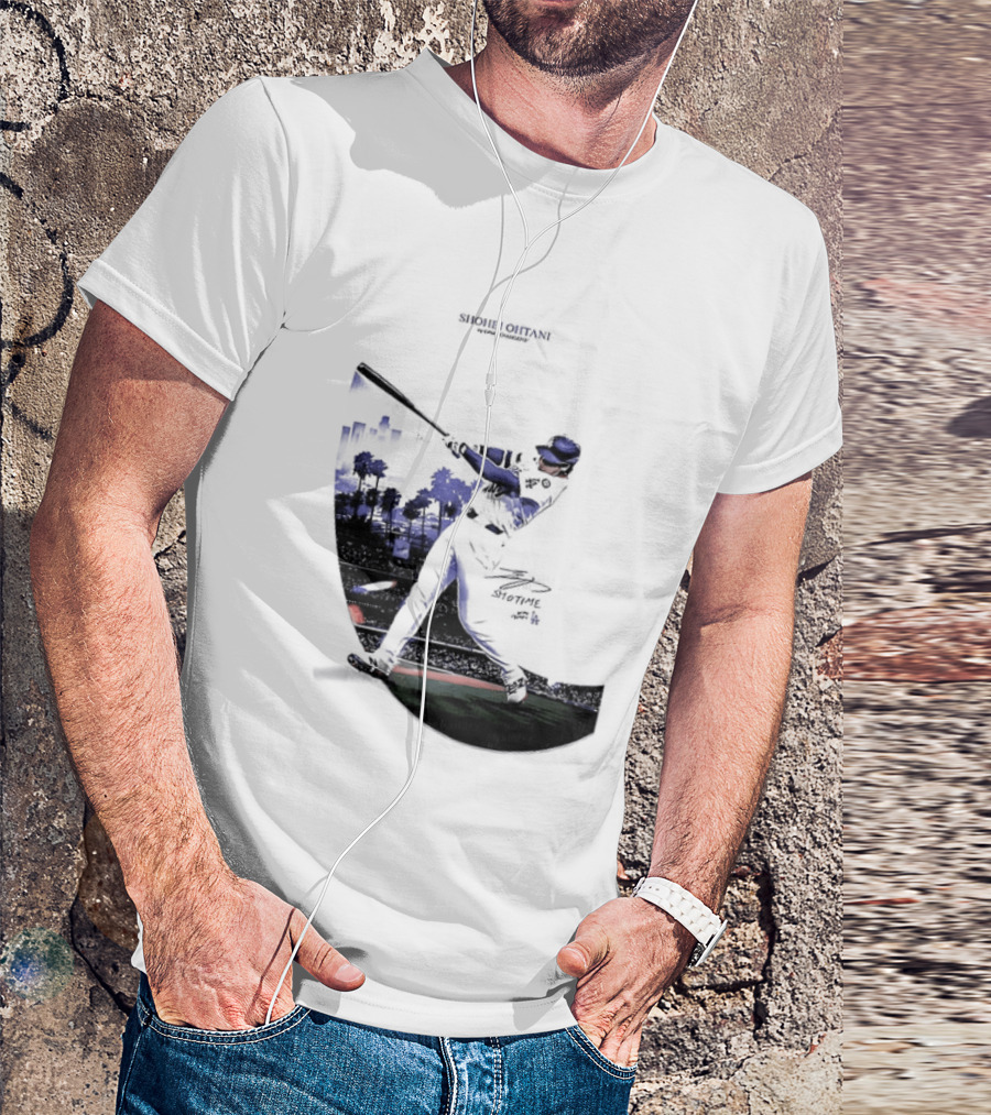 Shohei Ohtani 17 Los Angeles Angels MLB Slugger Swing Two Sided T-Shirt