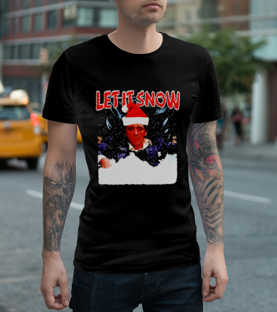 Let It Snow Al Pacino Scarface Tony Montana Snowflakes Santa Hat T-Shirt