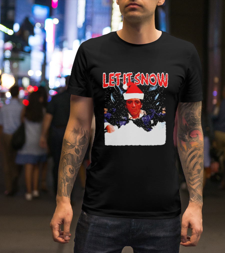 Let It Snow Al Pacino Scarface Tony Montana Snowflakes Santa Hat T-Shirt