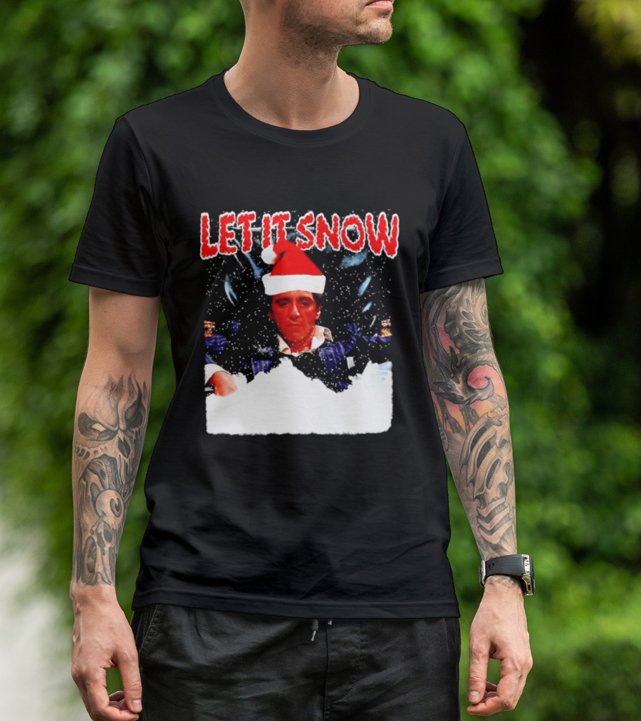 Let It Snow Al Pacino Scarface Tony Montana Snowflakes Santa Hat T-Shirt