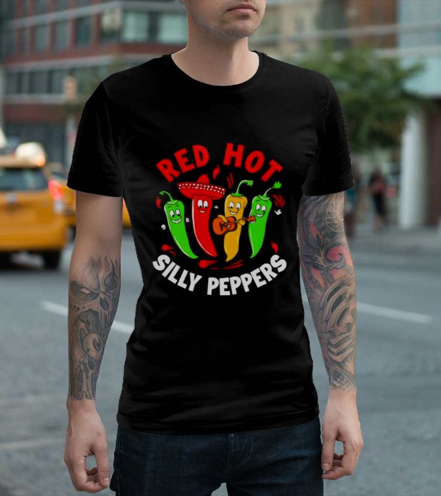 Red Hot Silly Peppers Band With Colorful Chili Cartoon Characters Playing Guitar T-Shirt