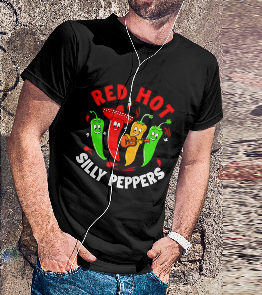 Red Hot Silly Peppers Band With Colorful Chili Cartoon Characters Playing Guitar T-Shirt