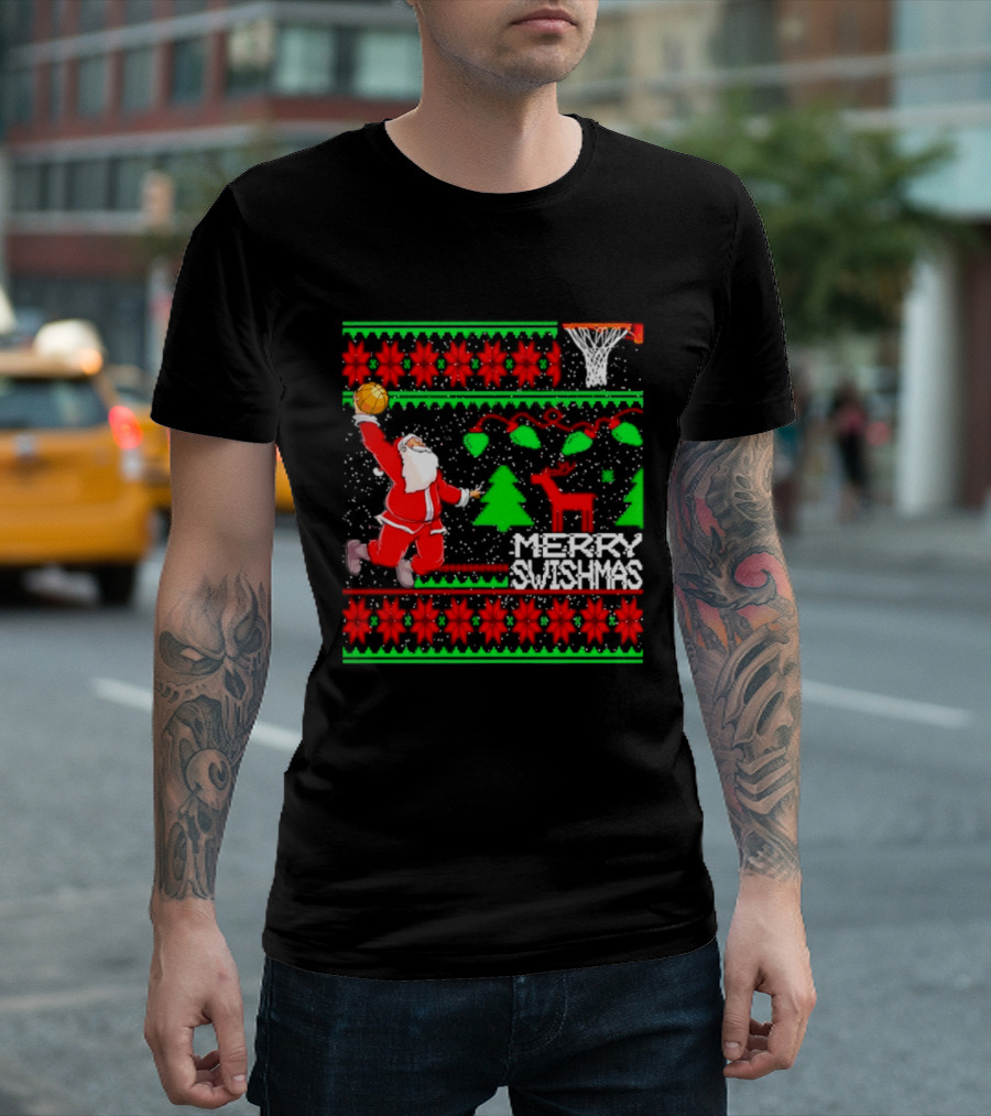 Santa Claus Dunking Basketball Ugly Christmas Sweater Merry Swishmas T-Shirt