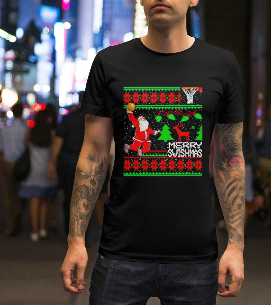 Santa Claus Dunking Basketball Ugly Christmas Sweater Merry Swishmas T-Shirt