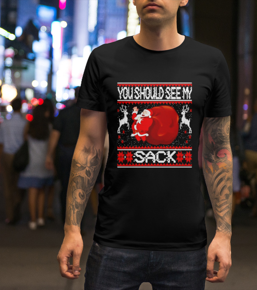 You Should See My Sack Santa Claus Ugly Christmas Reindeer Snowflakes T-Shirt