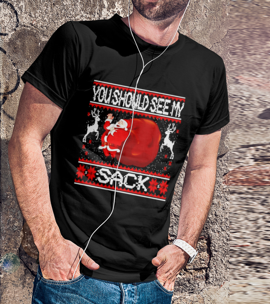 You Should See My Sack Santa Claus Ugly Christmas Reindeer Snowflakes T-Shirt
