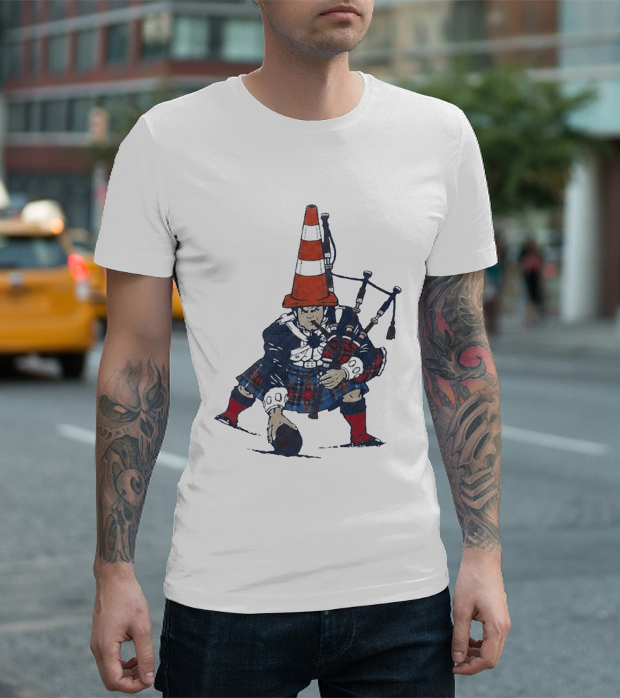 Bagpipes Player With Traffic Cone Hat Scottish Kilt Outfit T-Shirt