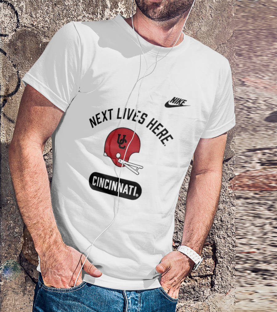 Next Lives Here Cincinnati UC Football Helmet Nike T-Shirt