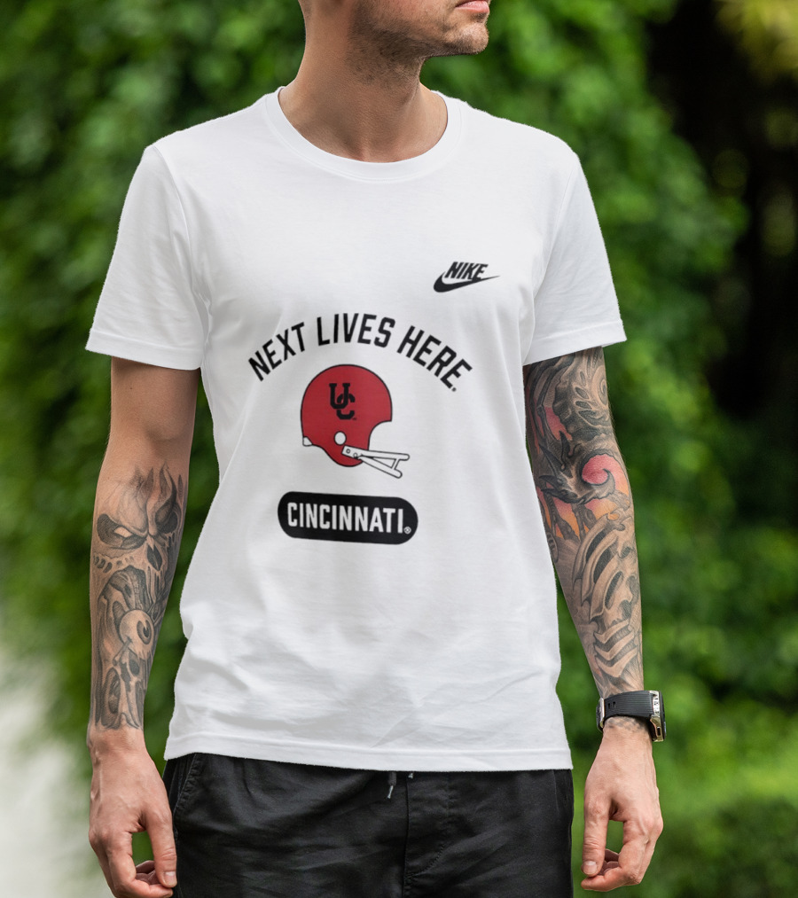 Next Lives Here Cincinnati UC Football Helmet Nike T-Shirt