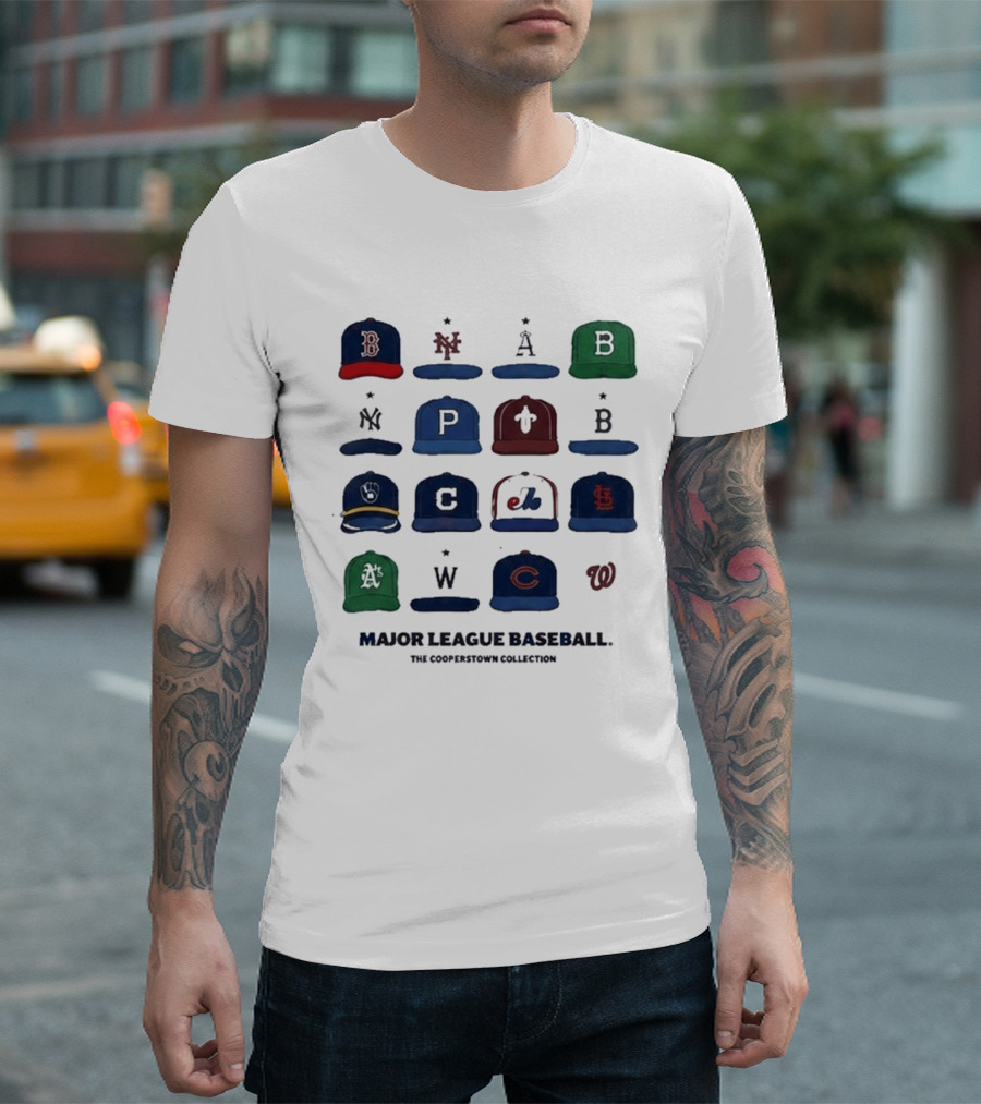 Major League Baseball Cooperstown Collection Cap Collage Featuring Historic Team Logos T-Shirt