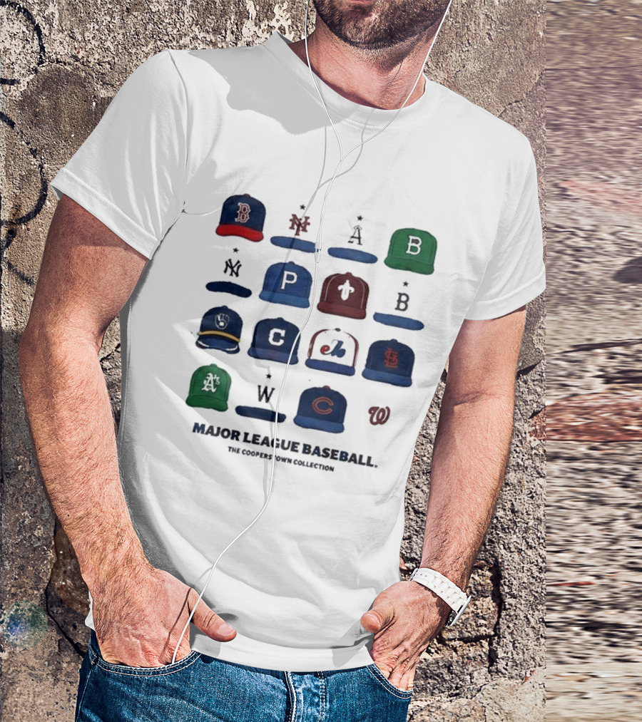 Major League Baseball Cooperstown Collection Cap Collage Featuring Historic Team Logos T-Shirt