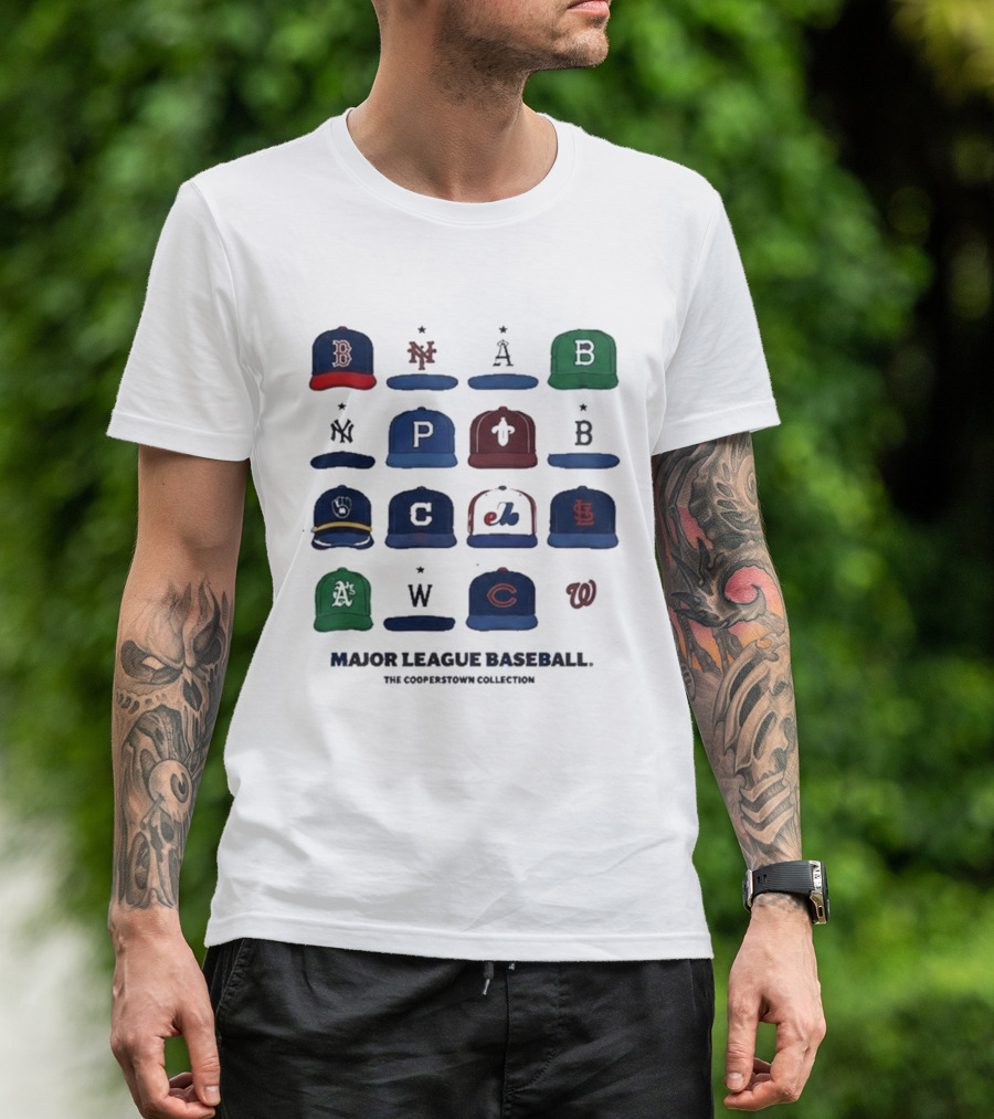 Major League Baseball Cooperstown Collection Cap Collage Featuring Historic Team Logos T-Shirt