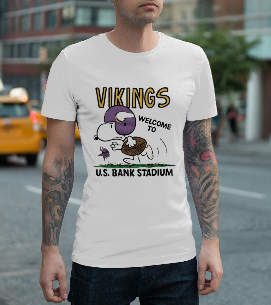Minnesota Vikings Snoopy Welcome To U.S. Bank Stadium Peanuts Collaboration T-Shirt