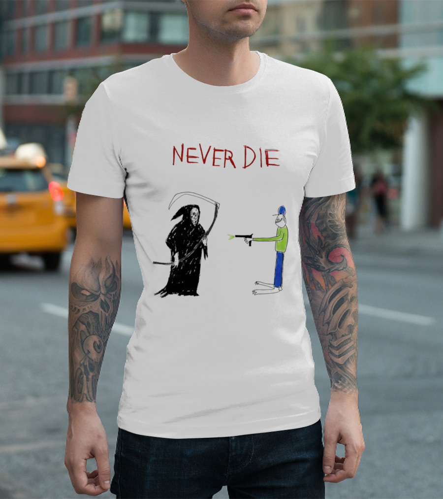 Never Die Grim Reaper Confronts Armed Man Drawing T-Shirt
