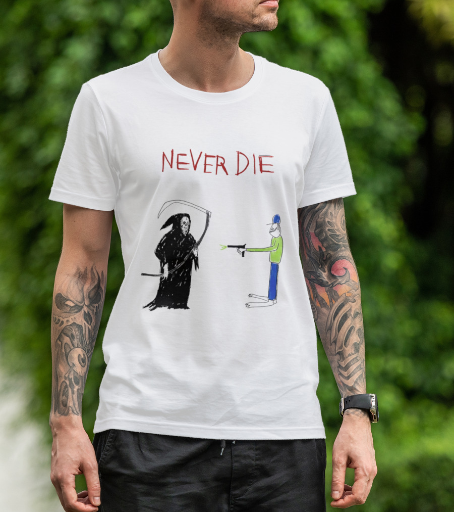 Never Die Grim Reaper Confronts Armed Man Drawing T-Shirt