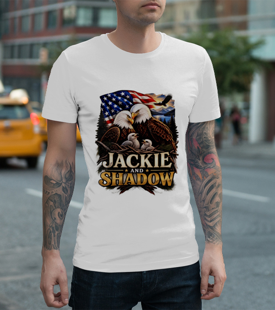 Jackie And Shadow Bald Eagles With American Flag T-Shirt