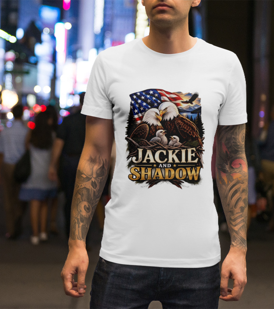 Jackie And Shadow Bald Eagles With American Flag T-Shirt