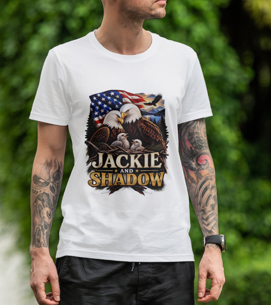 Jackie And Shadow Bald Eagles With American Flag T-Shirt