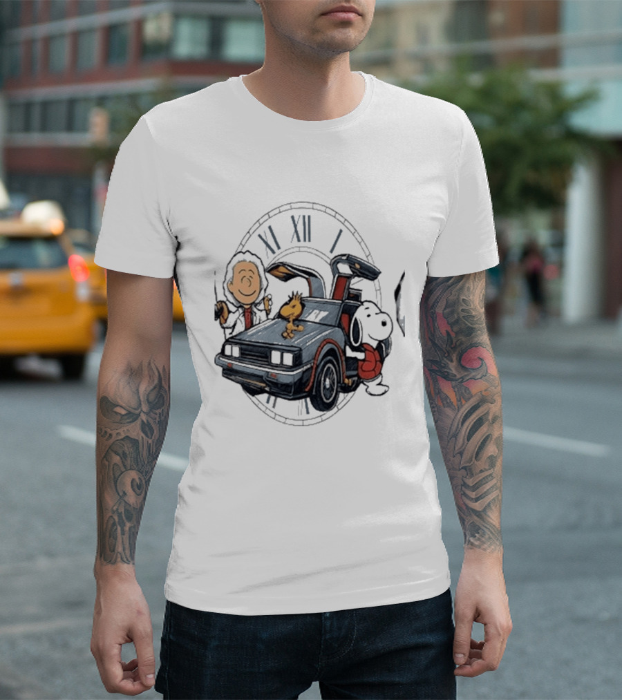 Peanuts Characters With DeLorean Time Machine And T-Shirt