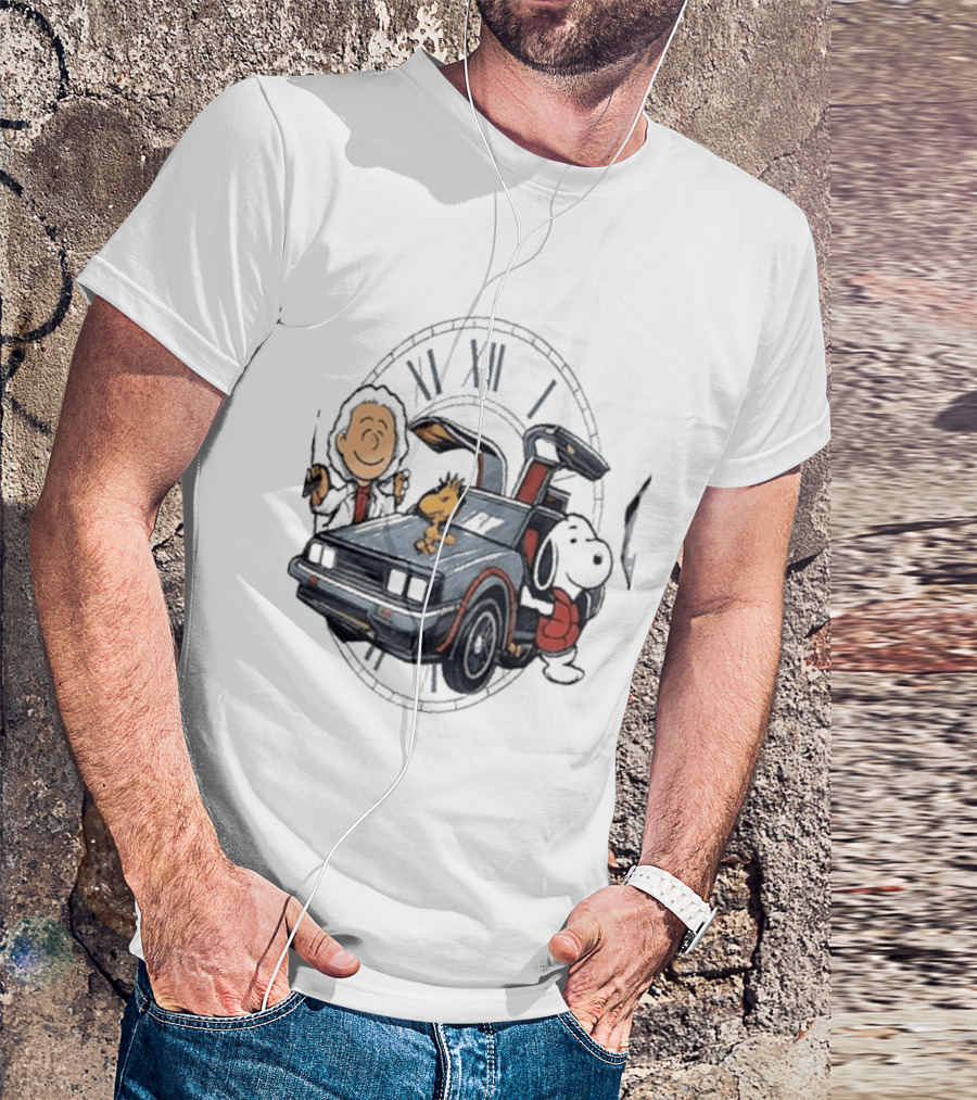 Peanuts Characters With DeLorean Time Machine And T-Shirt